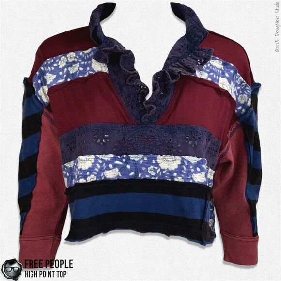 FREE PEOPLE HIGH POINT OVERSIZED BOHO PATCHWORK CROP TOP IN NIGHTTIME COMBO XS/S - Picture 1 of 15